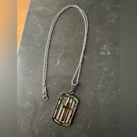 Silver Chain with American Flag Cross Dog Tag Pendant