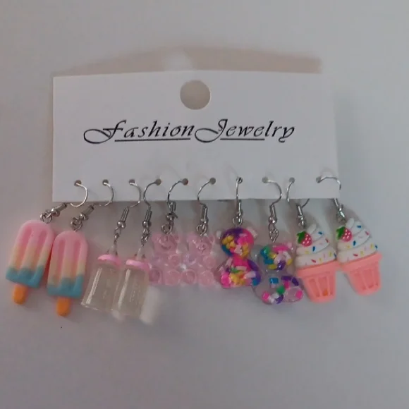 5 Pairs Girly Cute Pink Popsicle, Cupcake & Charm Earring Set