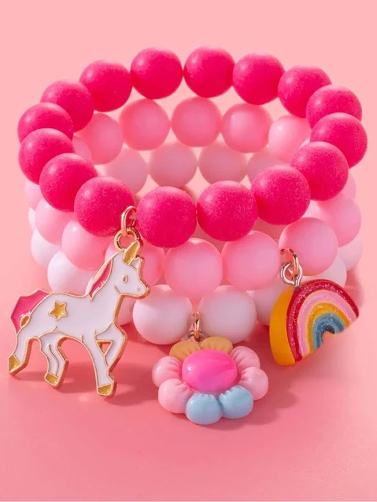 🦄🌸🌈 GIRLS 3 PIECE PINK UNICORN BRACELETS WITH UNICORN, FLOWER & RAINBOW CHARMS❗️