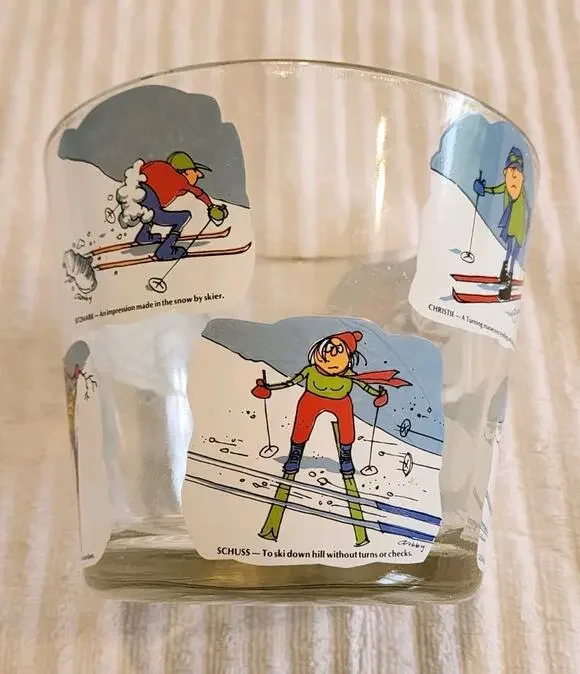 VTG West Virginia Glass Ice Bucket Bowl Cartoon ski illustrations Ashby Alpine