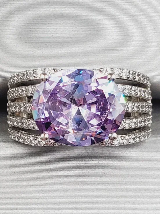 4.50 Carat Horizontally Set Oval Purple Stone - 925 Sterling Silver Ring