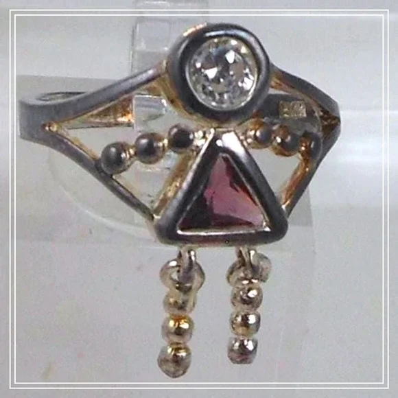 Vintage 90s Sterling Silver Angel Dangle Ring Purple & Clear CZ Stone's Size 7
