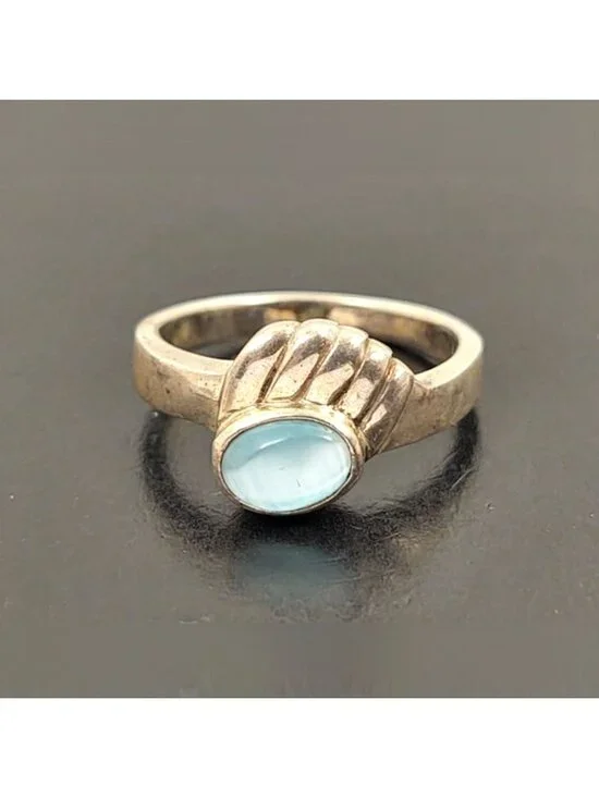 Vintage Sterling Silver Light Blue Chalcedony Oval Cabochon Ring Size 8
