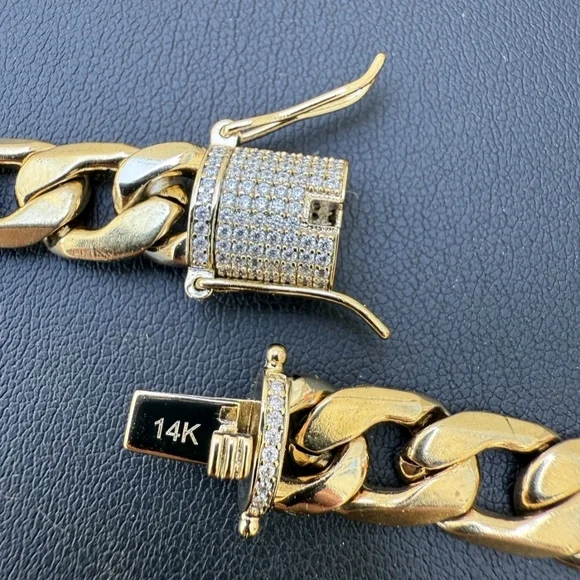 14k Gold Plated Steel 12mm Figaro Chain W. Iced CZ Clasp 30” Chain