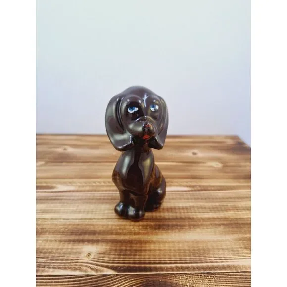 Vintage Dog Figurine Brown Glazed With Big Eyes 5