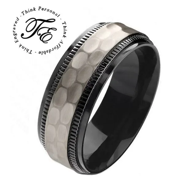 Men's Hammered Titanium Promise Ring Band - Black and Silver Hammered Titanium