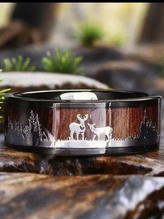 NEW Mens Black Stainless Steel Wedding Band With Wood Inlay, Deer And Tree Scene