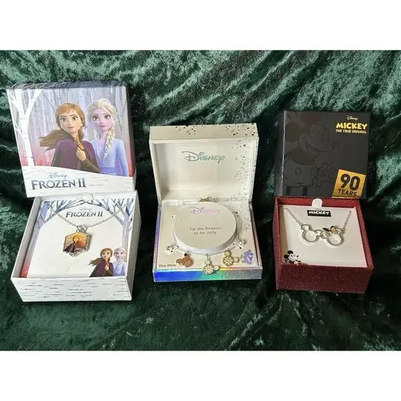 Disney Silver Plate Jewelry Lot 3pc Mickey Mouse Frozen New In Box NIB Gift