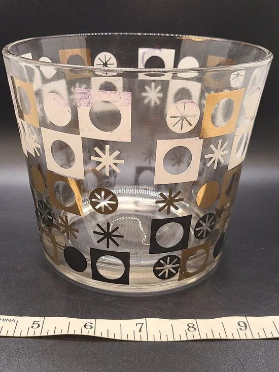 Vintage Hazel Atlas Glass Ice Bucket MCM Gold Black Geometric Pattern