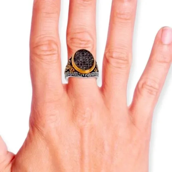 14K Gold Black Austrian Crystals Stainless Steel Signal Ring Size 9