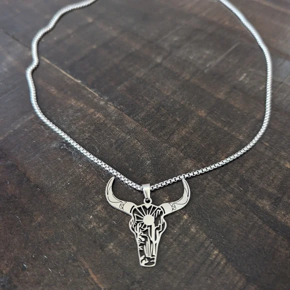 Stainless Steel Silver Bull Pendant Necklace