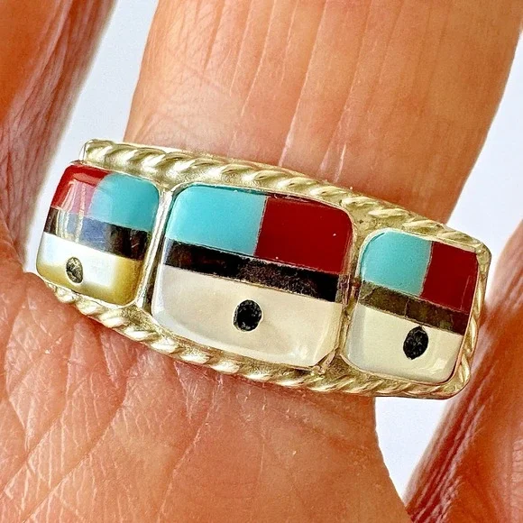 Zuni Sunface Turquoise Ring Band Sz 12 Coral Sterling Handmade Native Amer