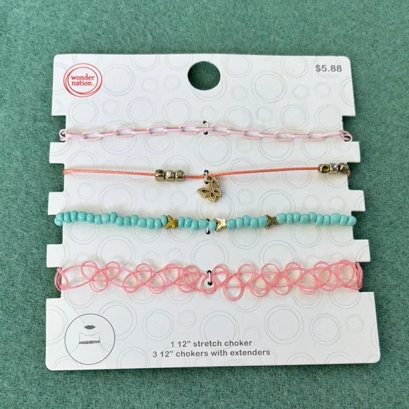 NWT Wonder Nation Pink and Silver Necklace Set 1 12” Stretch Choker 3 Extenders