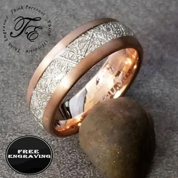 Engraved Men's Real Rose Gold Tungsten Wedding Ring Meteor Inlay 14k Rose Gold