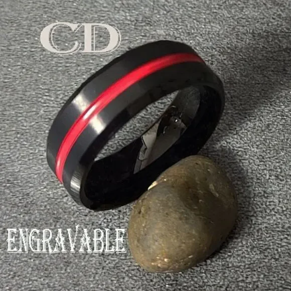 Personalized Men's Real Black Tungsten Wedding Ring With Red Line Center Groove