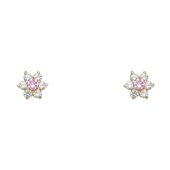 14KT Italian Gold Flower CZ Screw Back Stud Earrings October