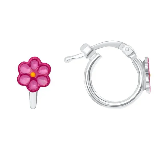 STERLING SILVER 925 RHODIUM PLATED PINK FLOWER HOOP EARRINGS