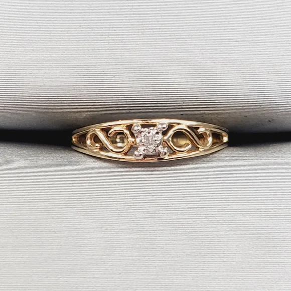 10K Yellow Gold Scroll Diamond Accent Ring - Tiny Baby Ring Knuckle Ring