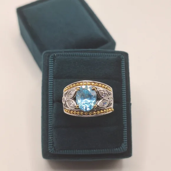 Blue Swarovski Crystal Oval Ring | Two-Tone Silver & Gold | Size 7