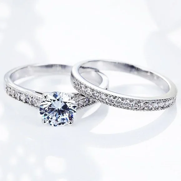 🎁925 Silver Plated 2 PCs CZ Lovely Wedding Couple Ring, GPMB1397