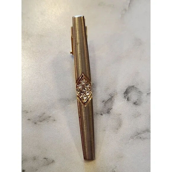 Vintage Gold Tone Tie Clip With Rhinestone Accent