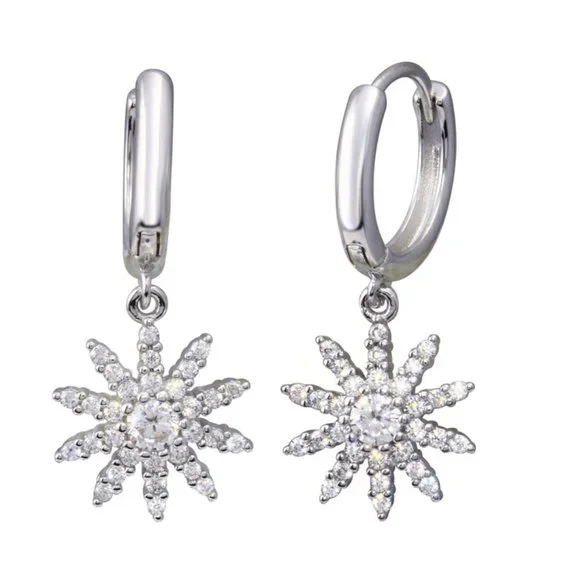 Sterling Silver 925 Rhodium Plated Sun Clear CZ Huggies Hoop Earrings