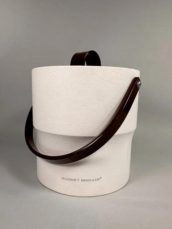 FAB VTG Bucket Brigade Ice Bucket – White Faux Leather & Lucite MCM Barware