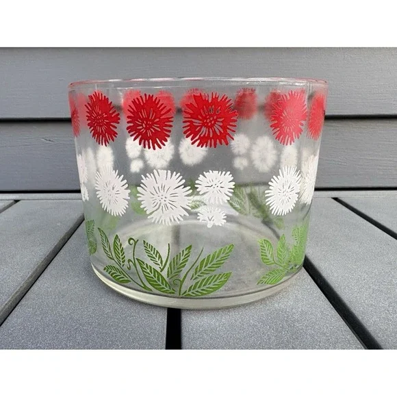 Vintage barware cocktail Hazel Atlas ice bucket bowl red white green flowers EVC