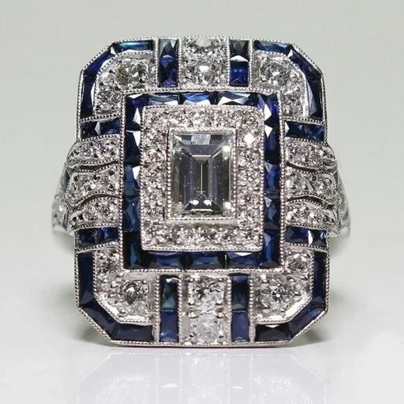 🔥 925 Silver Plated Rectangle Royal Blue White Gems Ring for Women, VIP092