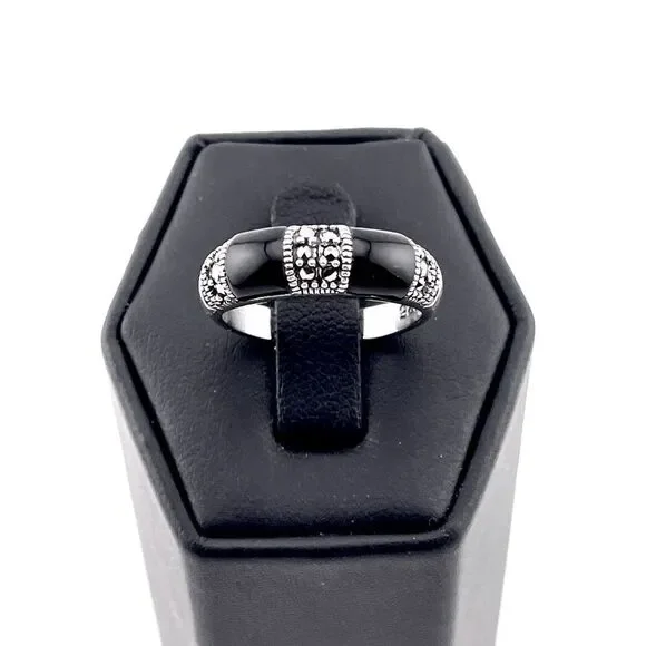 STERLING SILVER Double Black Onyx Marcasite Ring Size 9