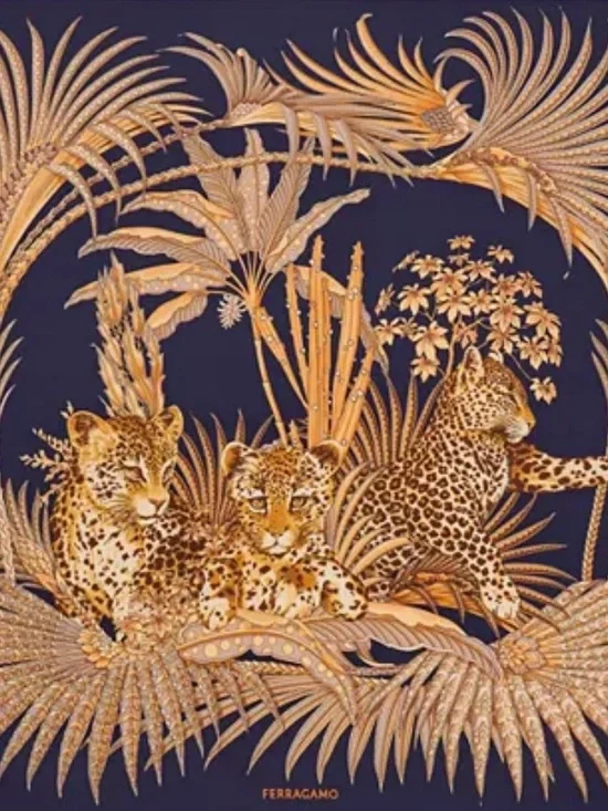 Salvatore Ferragamo Navy and Gold Printed Silk Scarf