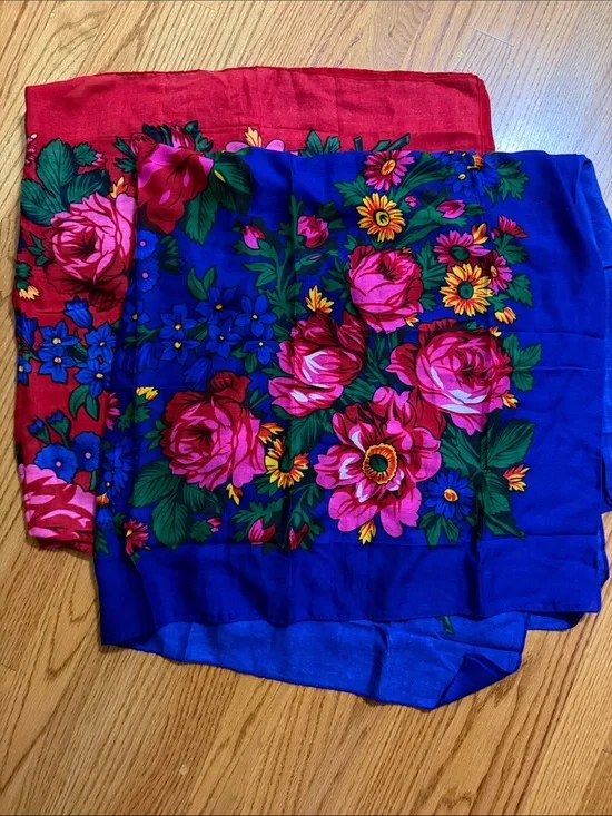 Vibrant Floral Silk Scarf - Blue and Red