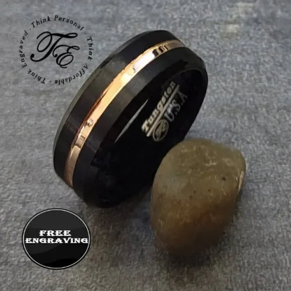 Personalized Men's Real Black Tungsten Wedding Ring Gold Filled Center Groove