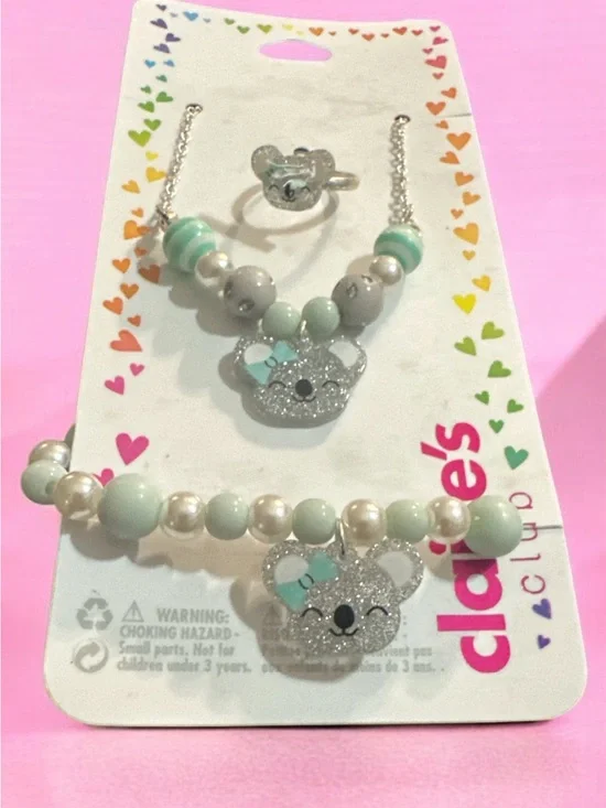 Claire's Kids Mint Bear Necklace, Bracelet & Ring Set 827