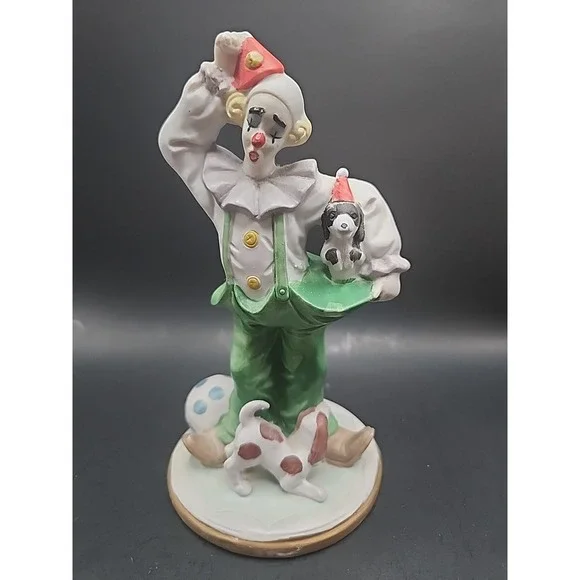 Vintage 80s-90s Kitschy Clown With Two Dogs Bisque Figurine 6.5