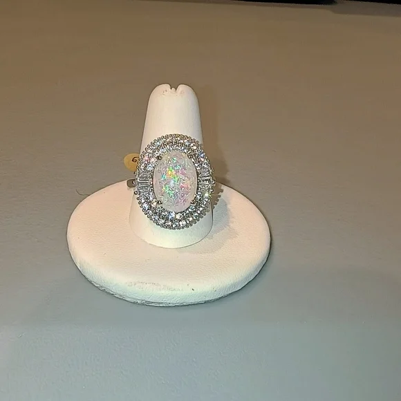 Opal Cocktail Ring With CZ Halo Rhodium Size 6