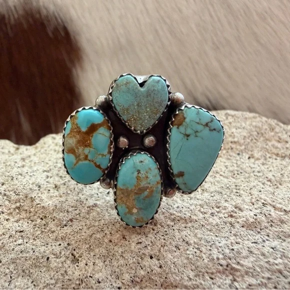 ❤️ #8 Turquoise Navajo Style 4 Stone Heart Statement Ring Adj Unisex 7.8 Gms 925