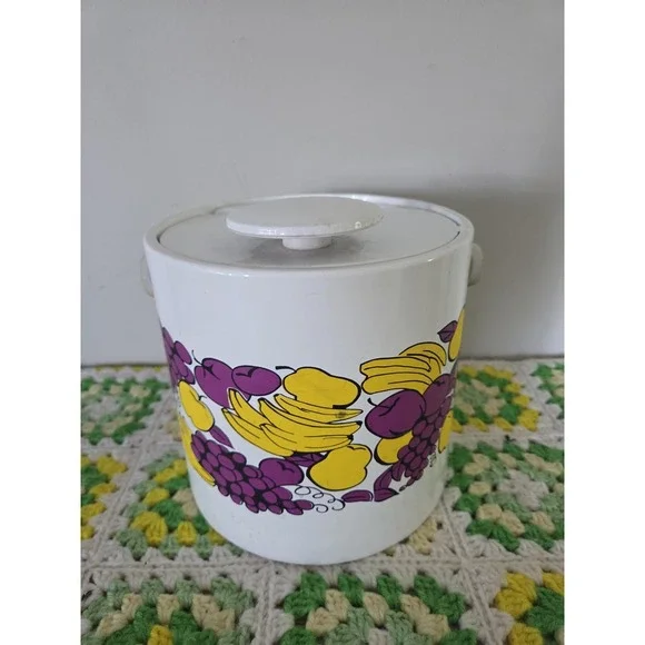 Vintage Ice Bucket 1970's Retro Yellow Purple Fruit Pattern
