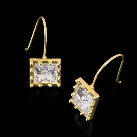 Square Faux Diamond Drop Stud Earrings Gold Tone