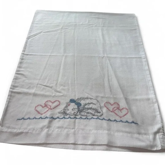 Vintage white cotton pillowcase cross stitch sleeping kitten‎ cat pink hearts