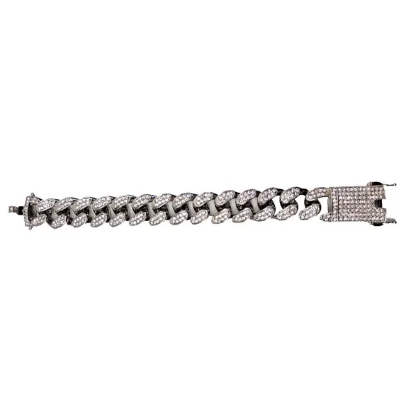 Miami Cuban Link Bracelet Silver Tone Solid Heavy Full Of Rhinestones Hip Hop