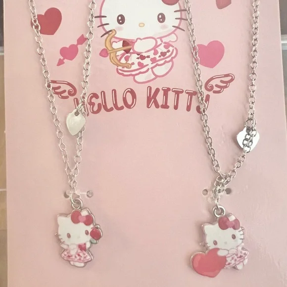 Hello Kitty Pink and Silver Heart Necklace Set
