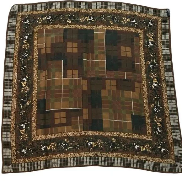 Jane Shilton pure silk, brown, large scarf Elegant Brown Patchwork floral scarf