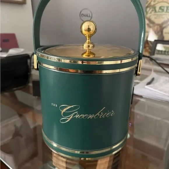 Vintage Kraftware The Greenbrier Resort Ice Bucket Green Gold