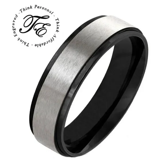 Men's Two Tone Silver and Black Wedding Band Step Edges Sizes 5 - 13 Available