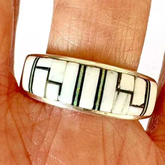 Navajo Inlay Wedding Band Ring Sz 13 Opal White Buffalo 9mm Mens Signed AT