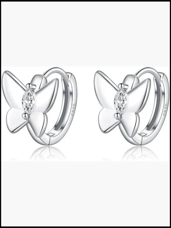 Butterfly CZ Sterling Silver Earrings - Hoop Huggie Minimalist Alloy Jewelry