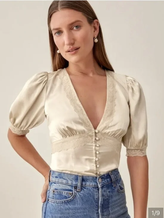 Reformation Satin V-Neck Blouse in Almond Cream