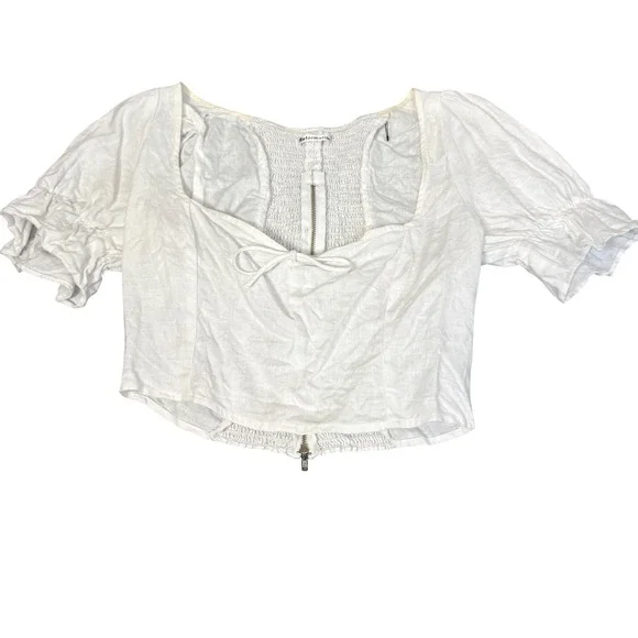 Reformation Linen Crop Top Milkmaid Peasant 4 White Puff Sleeve Boho Cottagecore