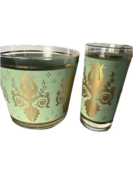 MCM Jeannette Green GOLD LYRE HARP 6 High Ball Glasses & ICE BUCKET 7 Pc Vtg Set